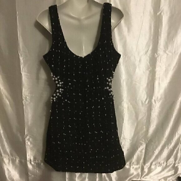Black Texture Tweed  Weave Cutout Mini Dress With Faux Pearls L - Picture 10 of 16